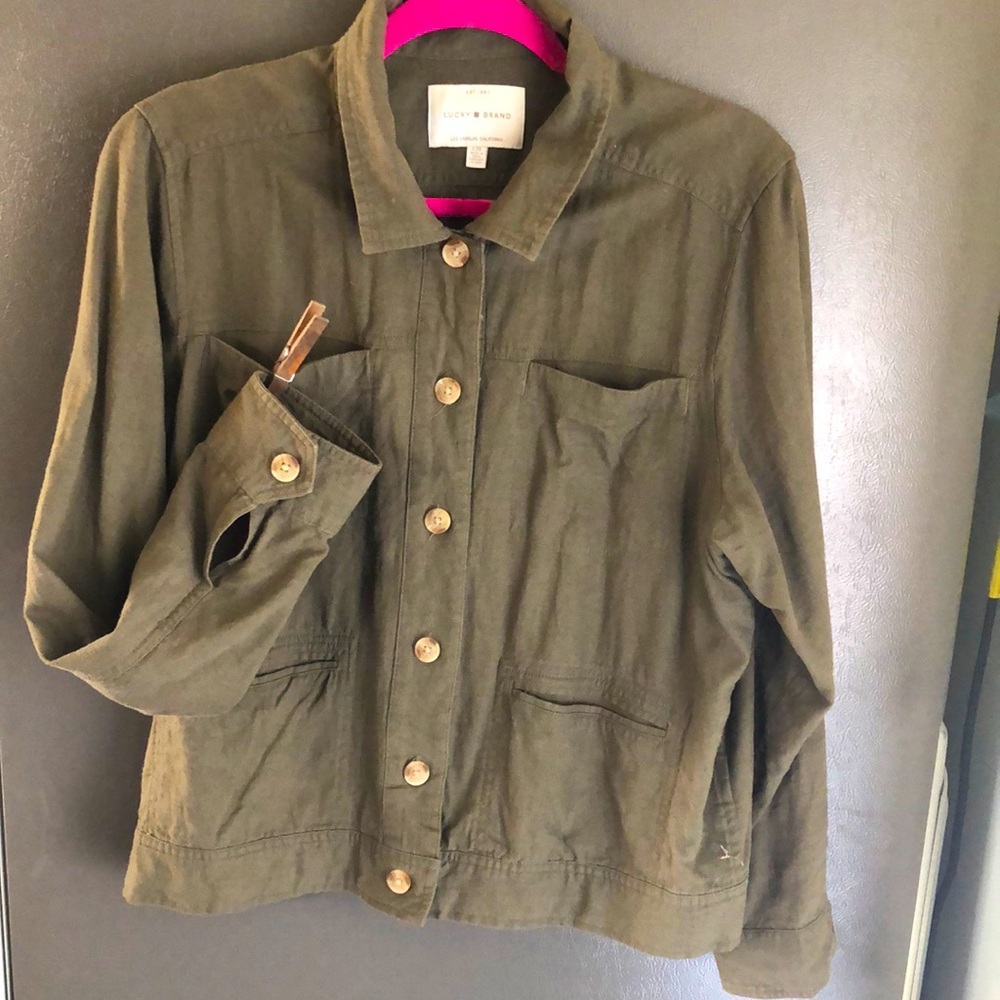 Lucky Brand Size L Linen Shirt Jacket Khaki Olive